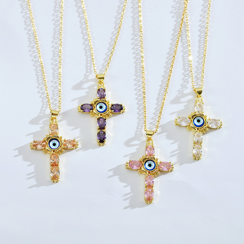 Ethnic Style Cross Eye Alloy Copper Inlay Zircon Gold Plated Necklace display picture 4
