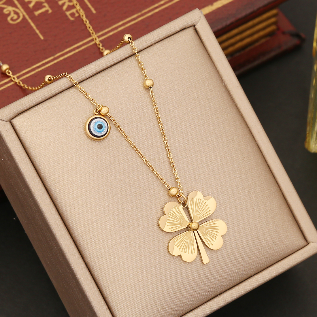 Wholesale IG Style Four Leaf Clover Eye Snowflake Stainless Steel Enamel Plating 18K Gold Plated Necklace display picture 6