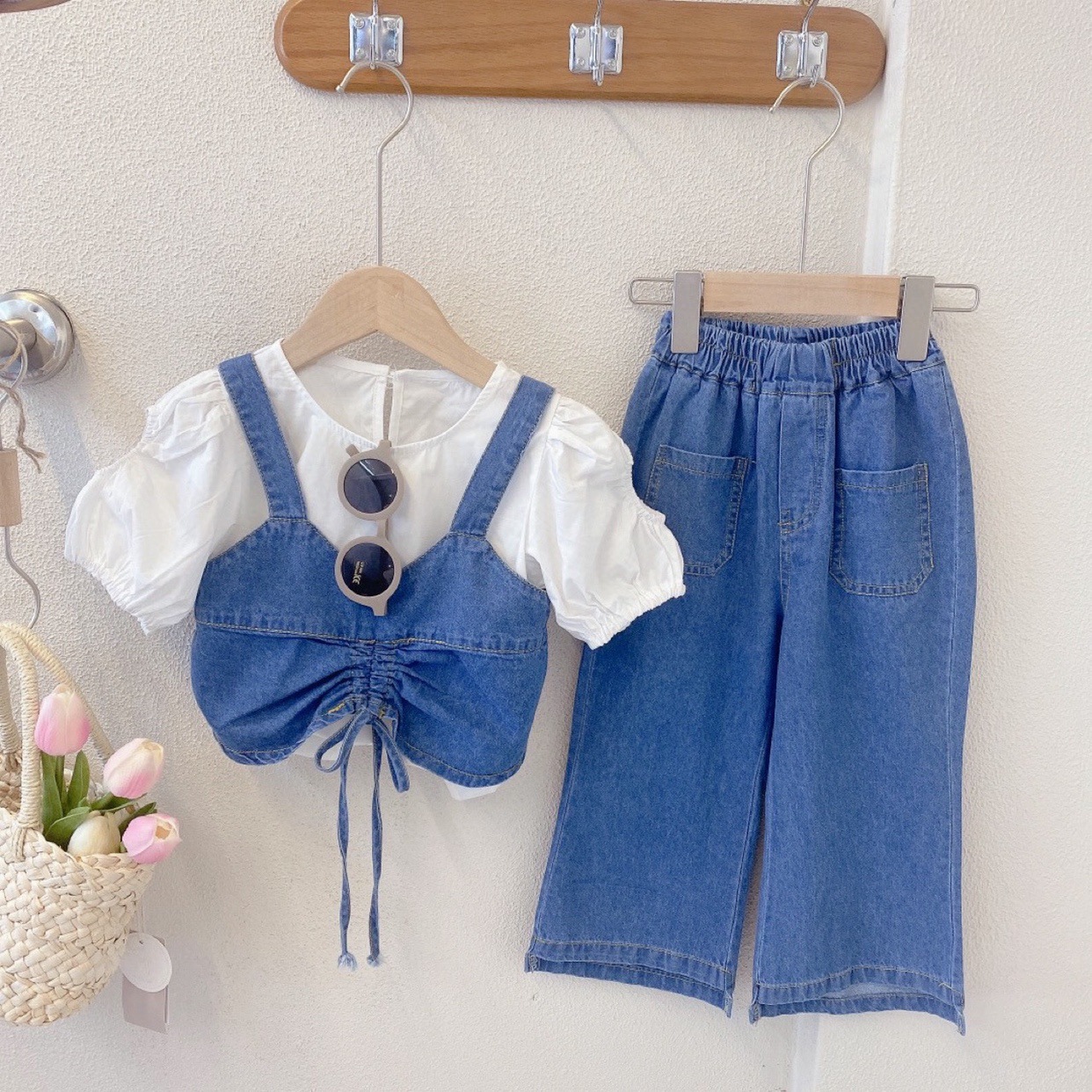 Casual Solid Color Elastic Drawstring Design Ruched Wide Leg Cotton Girls Clothing Sets display picture 5