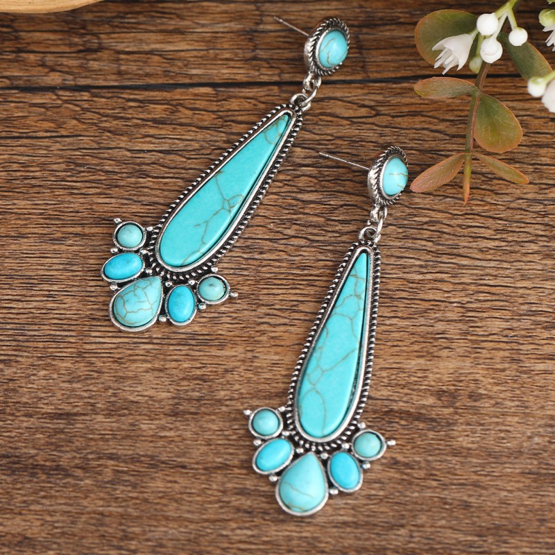 Retro Ethnic Style Round Alloy Inlay Turquoise Women's Drop Earrings display picture 2