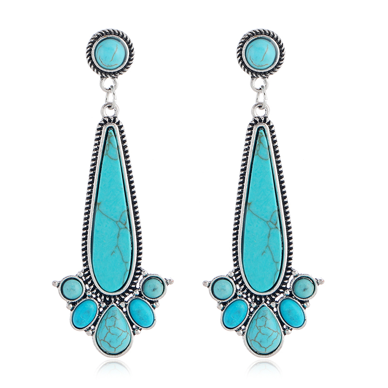 Retro Ethnic Style Round Alloy Inlay Turquoise Women's Drop Earrings display picture 3