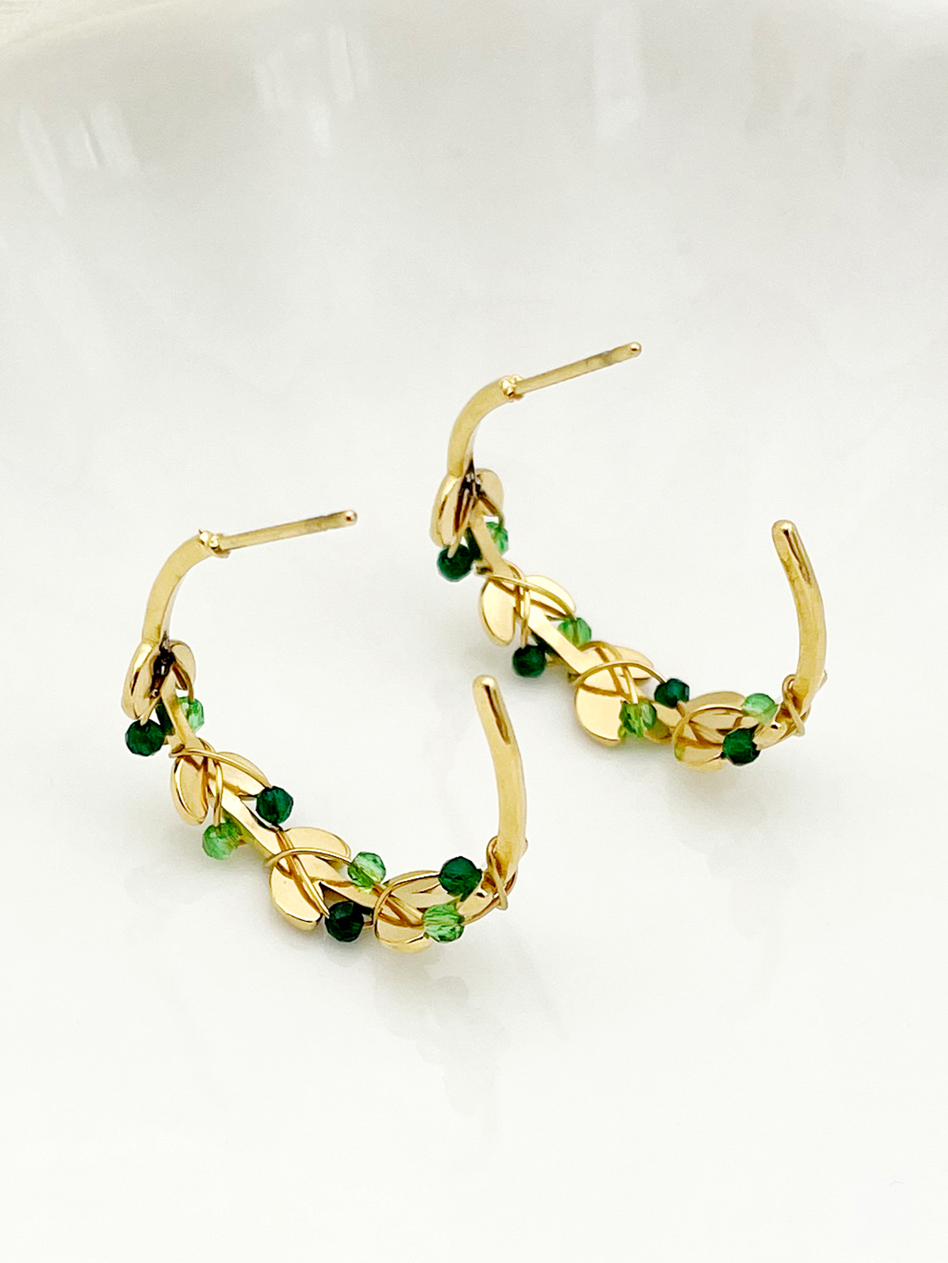 1 Pair Elegant Leaves Polishing Crystal Plating 304 Stainless Steel Beaded Crystal Beads 14K Gold Plated Ear Studs display picture 2