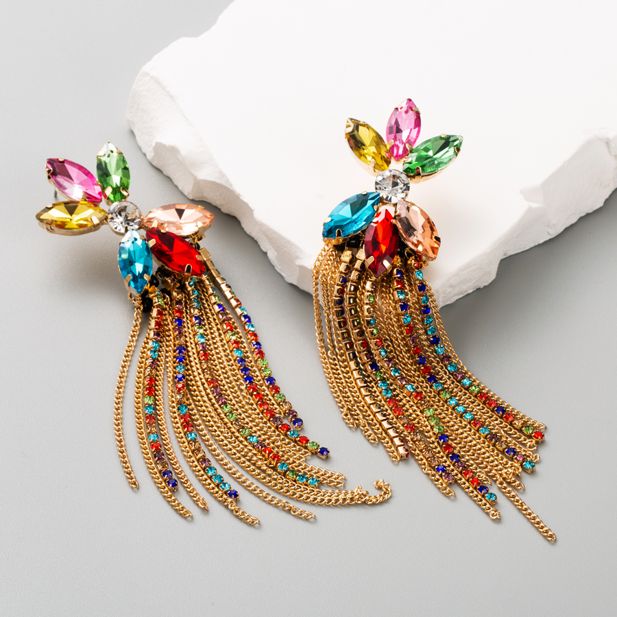 1 Pair Luxurious Tassel Inlay Alloy Rhinestones Gold Plated Drop Earrings display picture 10