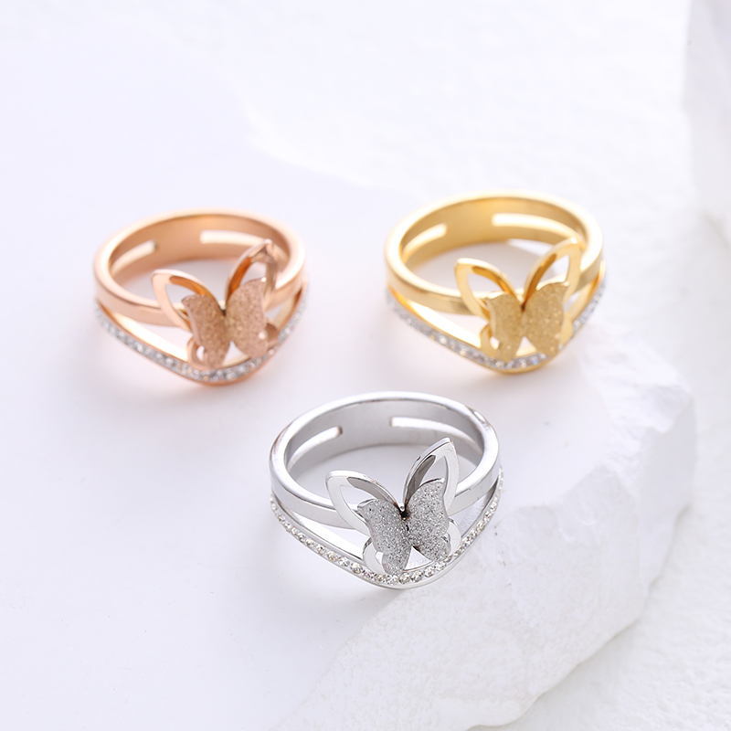 304 Stainless Steel 18K Gold Plated Rose Gold Plated Simple Style Plating Inlay Butterfly Artificial Rhinestones Rings display picture 1