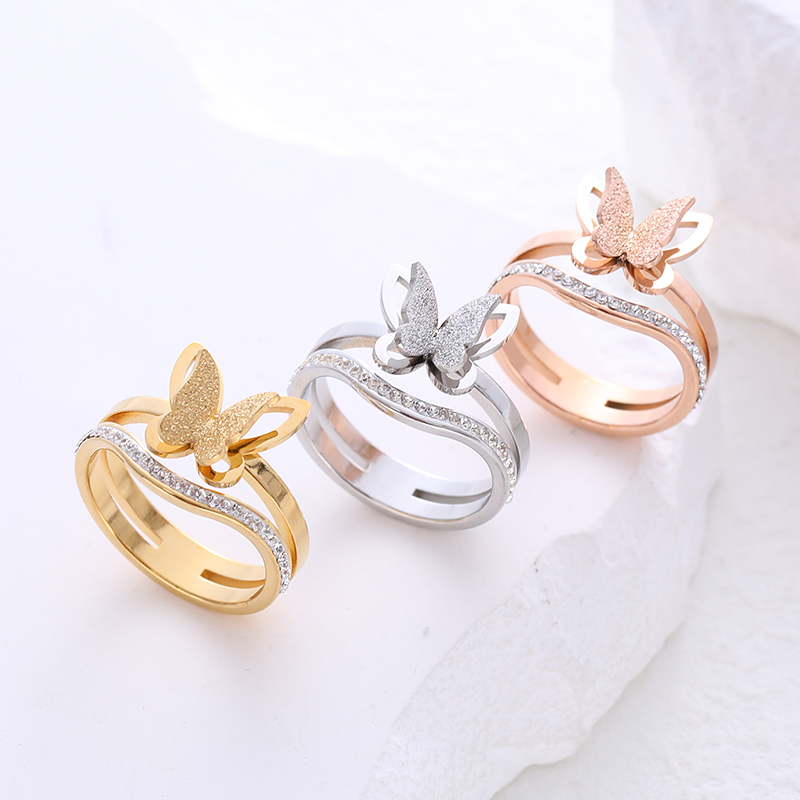 304 Stainless Steel 18K Gold Plated Rose Gold Plated Simple Style Plating Inlay Butterfly Artificial Rhinestones Rings display picture 3