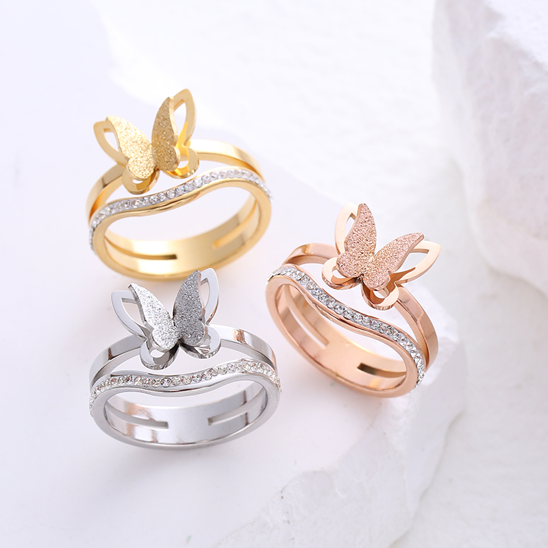 304 Stainless Steel 18K Gold Plated Rose Gold Plated Simple Style Plating Inlay Butterfly Artificial Rhinestones Rings display picture 5