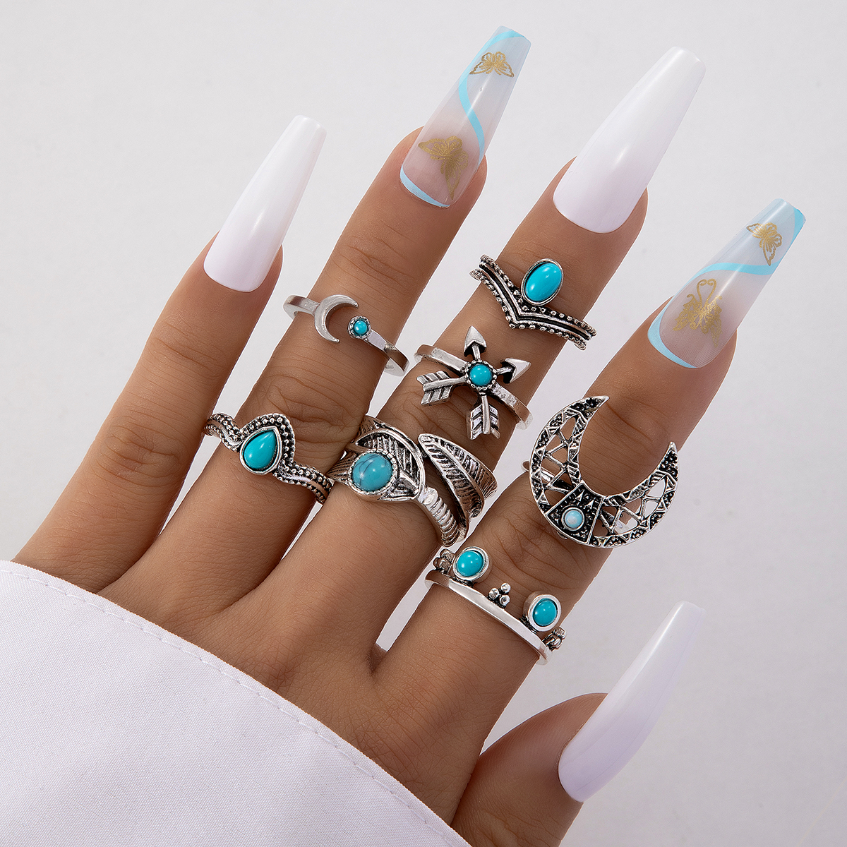 Retro Moon Alloy Inlay Turquoise Unisex Rings display picture 2