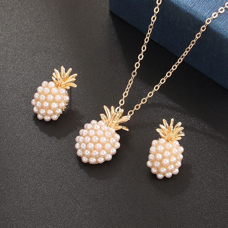 Simple Style Pineapple Gold Plated Pearl Alloy Wholesale Earrings Necklace display picture 6