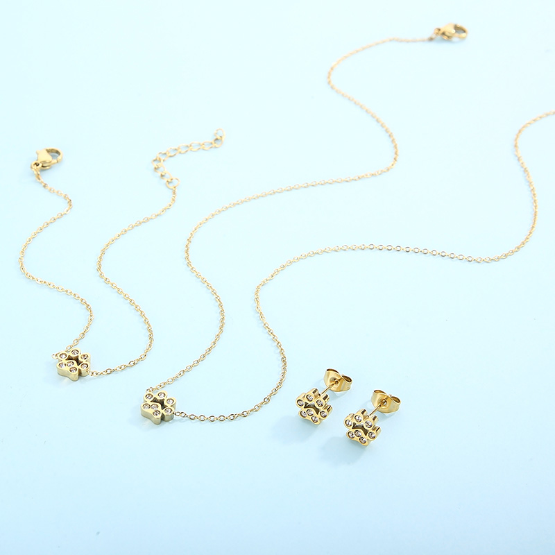 Titan Stahl 18 Karat Vergoldet Süß Überzug Inlay Pfotenabdruck Künstlicher Diamant Armbänder Ohrringe Halskette display picture 2