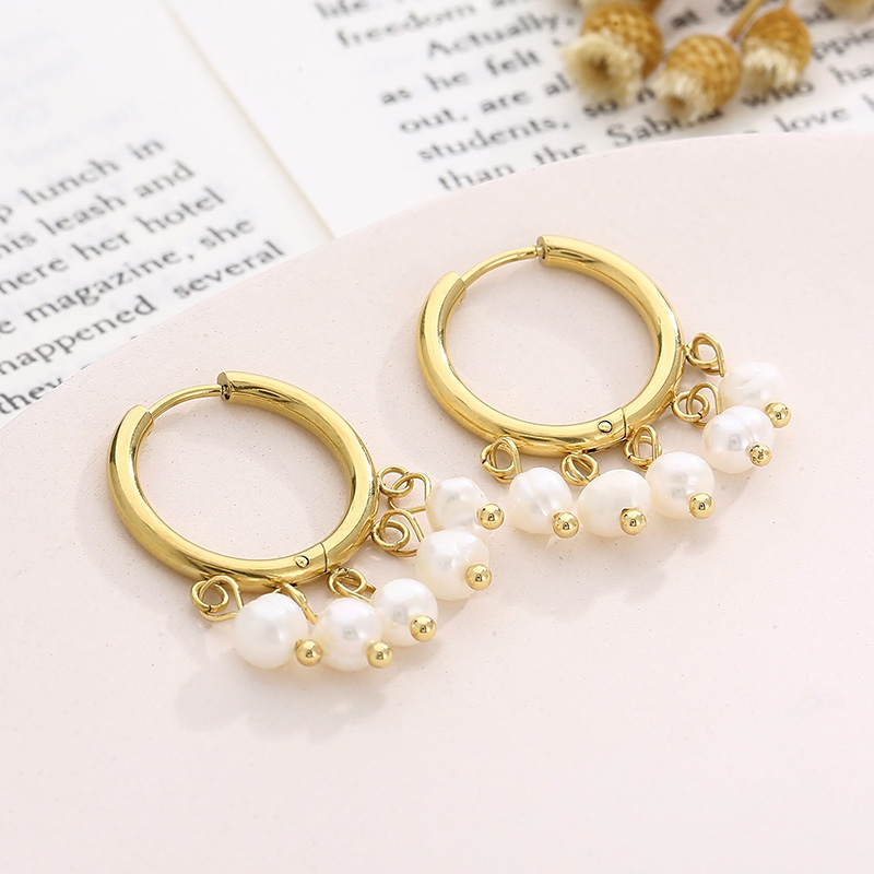 1 Pair Vintage Style French Style Round Pearl Plating Stainless Steel 18K Gold Plated Drop Earrings display picture 8