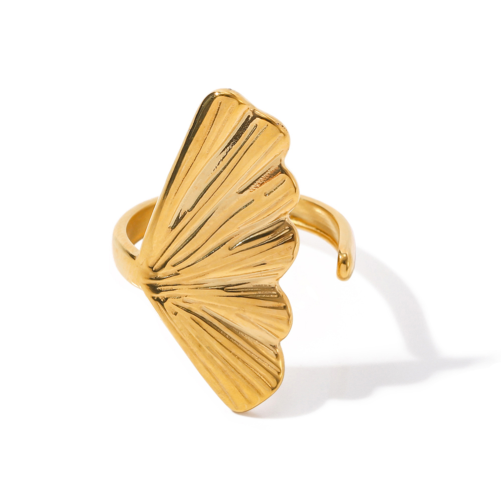 Elegant Ginkgo Leaf Stainless Steel 18k Gold Plated Open Ring In Bulk display picture 2