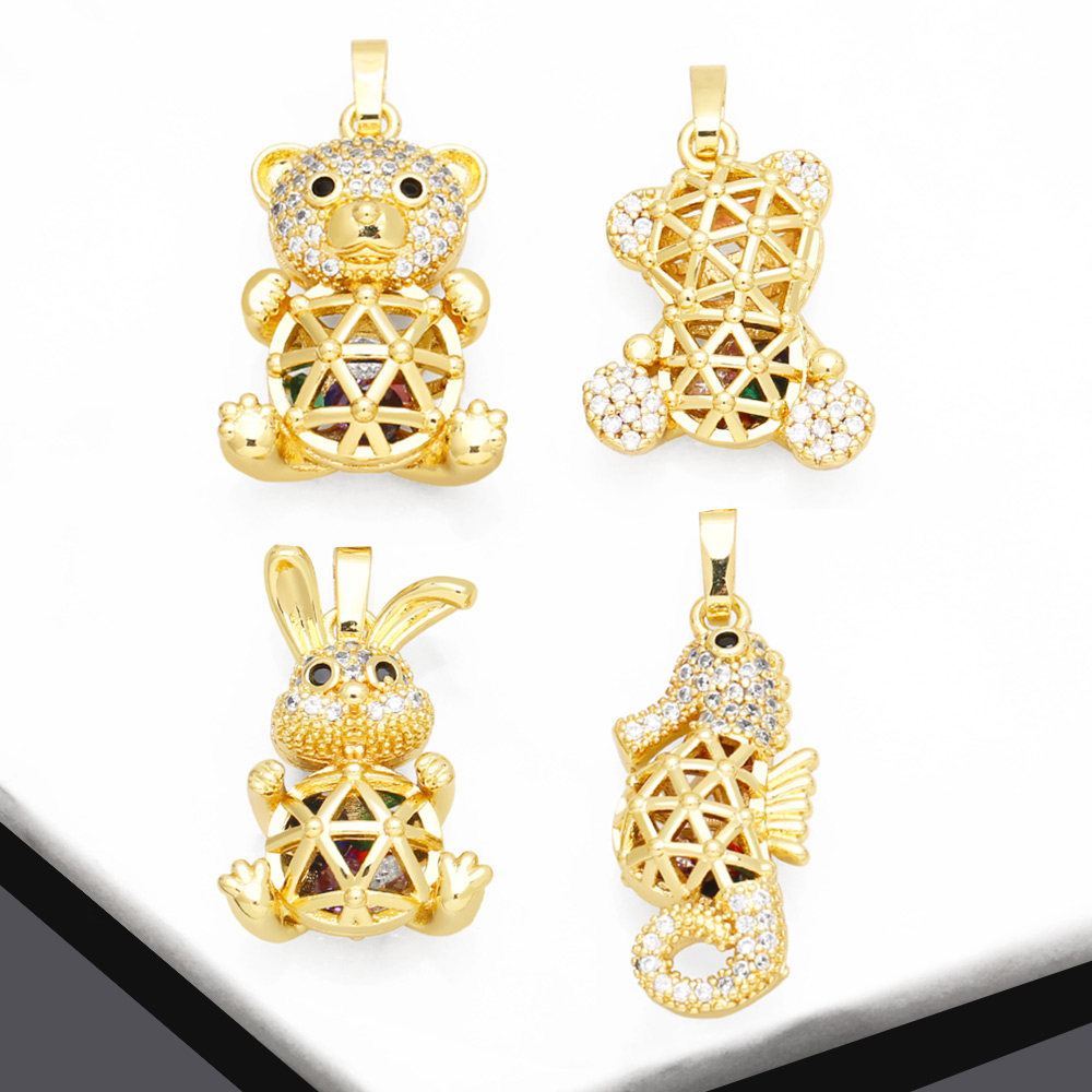 Cute Sweet Rabbit Hippocampus Bear 18k Gold Plated Zircon Copper Wholesale Pendants Jewelry Accessories display picture 2