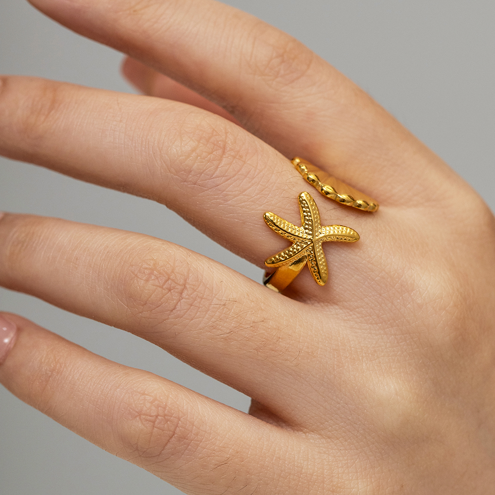Beach Starfish Shell Stainless Steel 18k Gold Plated Open Ring In Bulk display picture 7