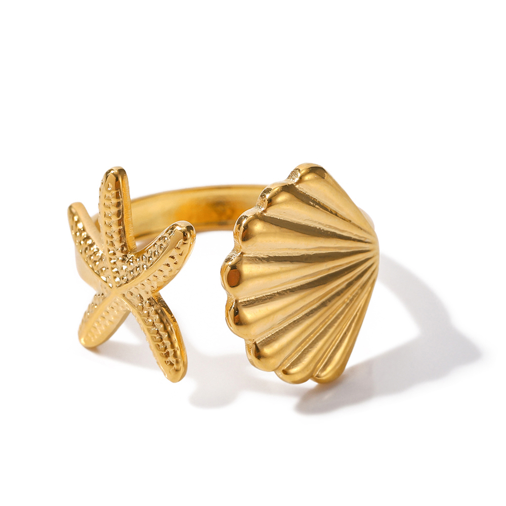 Beach Starfish Shell Stainless Steel 18k Gold Plated Open Ring In Bulk display picture 1