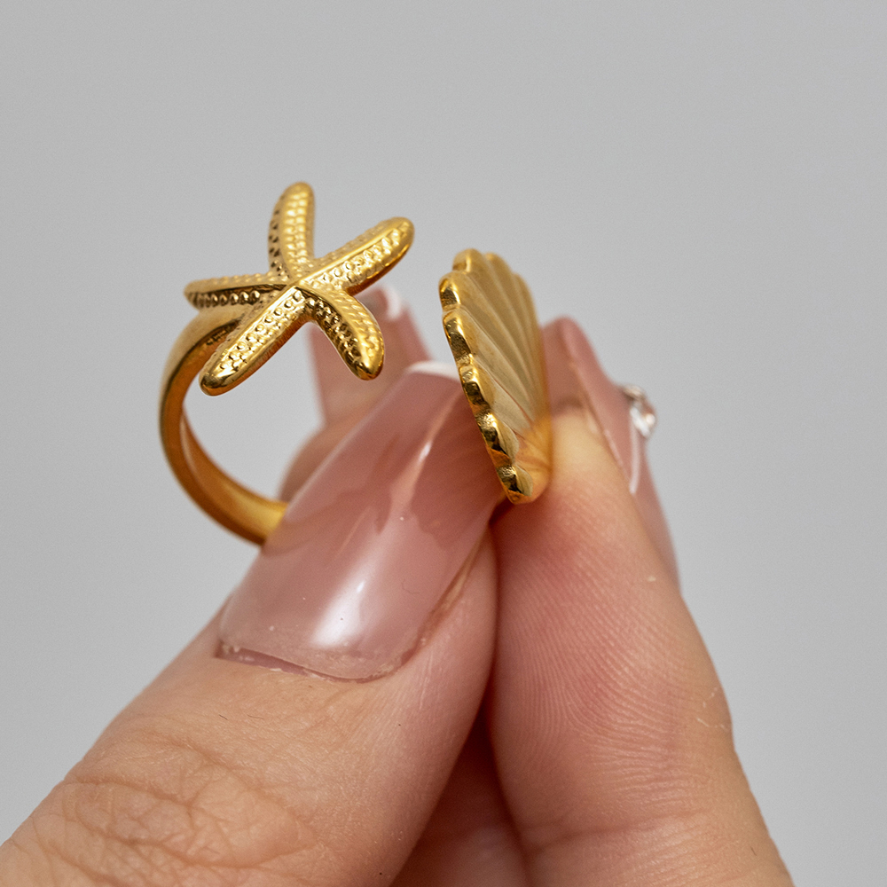 Beach Starfish Shell Stainless Steel 18k Gold Plated Open Ring In Bulk display picture 2