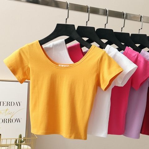 Women's T-shirt Short Sleeve T-shirts Washed Casual Elegant Sexy Solid Color display picture 1