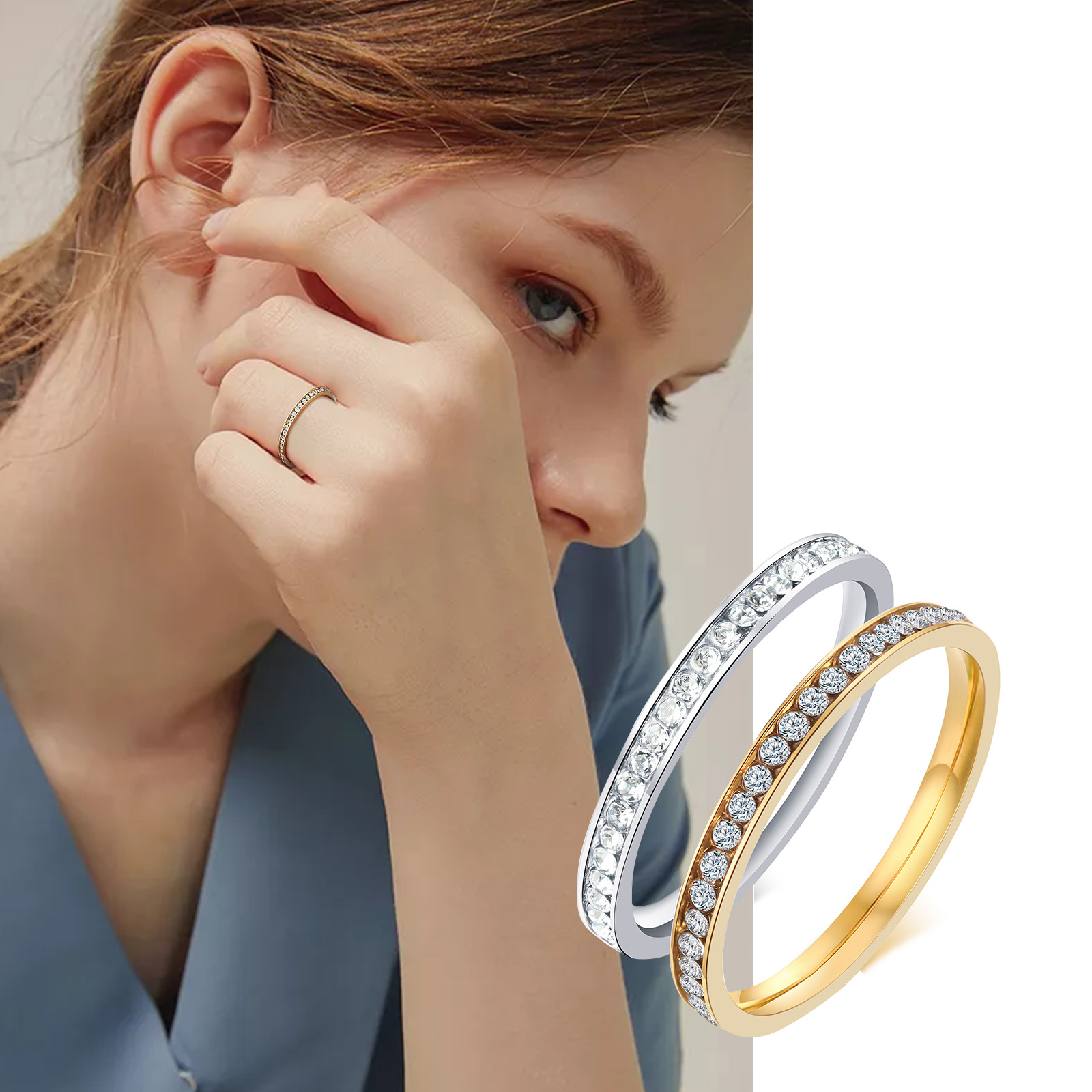 304 Stainless Steel 18K Gold Plated IG Style Simple Style Plating Inlay Solid Color Zircon Rings display picture 5