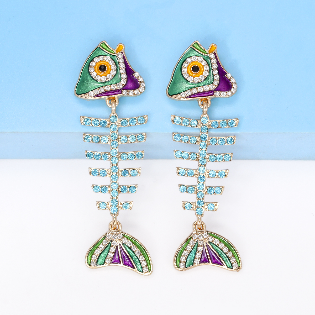 Vintage Style Funny Fish Bone Alloy Enamel Inlay Rhinestones Women's Drop Earrings display picture 5
