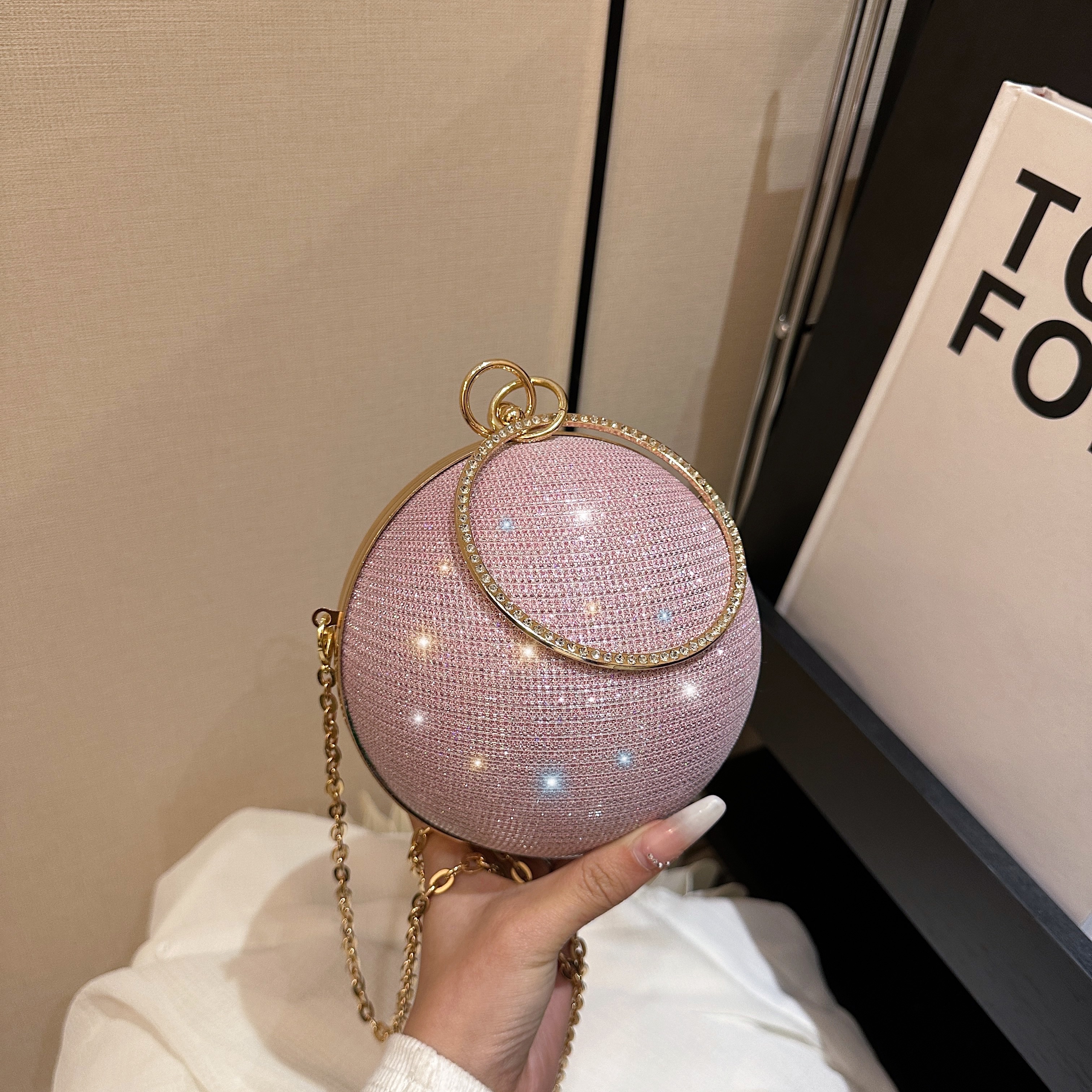 Pink Gold Silver Polyester Solid Color Lock Spherical Evening Bags display picture 5