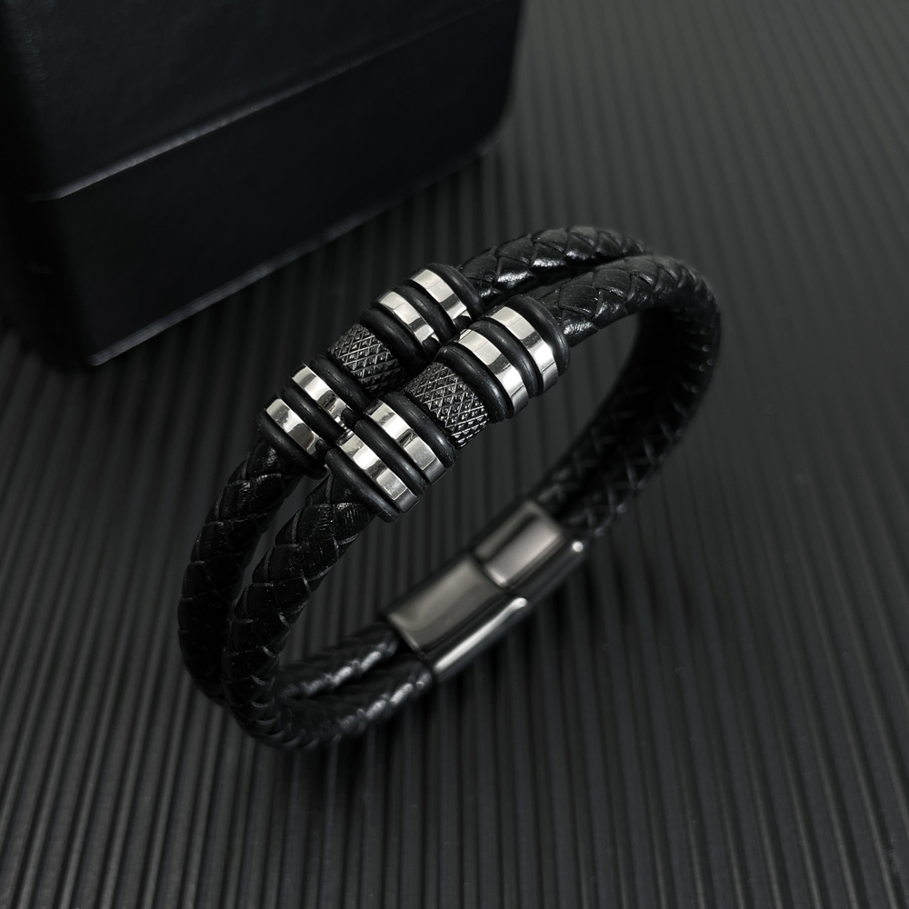 Hip-Hop Retro Stripe Twist 304 Stainless Steel Pu Leather Braid Artificial Leather Men'S Bracelets display picture 7