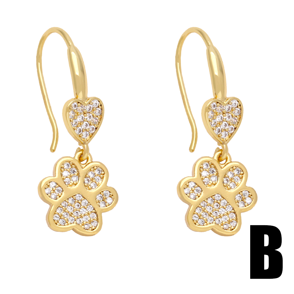 1 Pair Cute Sweet Simple Style Paw Print Heart Shape Cat Plating Inlay Copper Zircon 18k Gold Plated Drop Earrings display picture 5