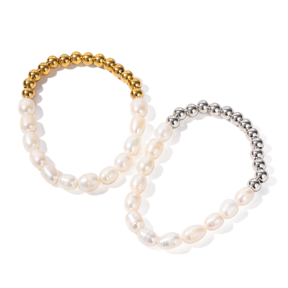 Streetwear Color Block Stainless Steel Freshwater Pearl Beaded Plating Bracelets display picture 1