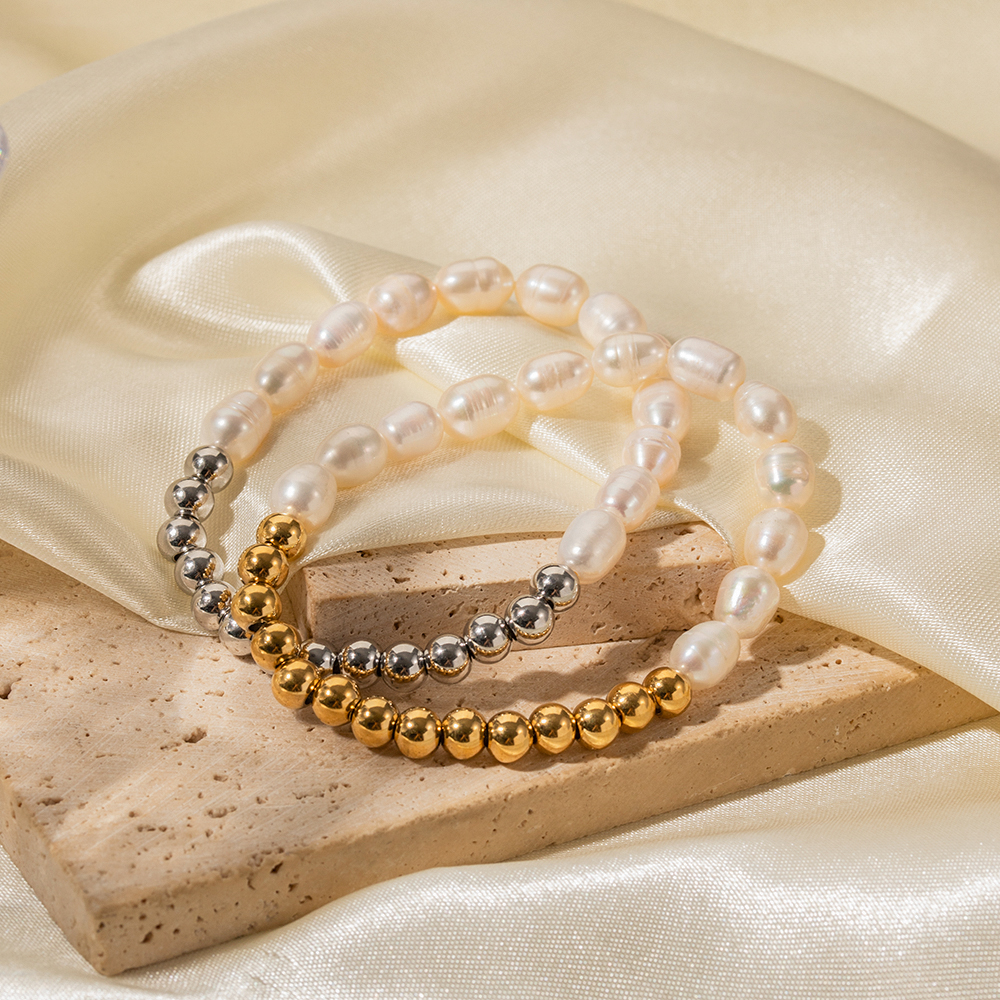 Streetwear Color Block Stainless Steel Freshwater Pearl Beaded Plating Bracelets display picture 3