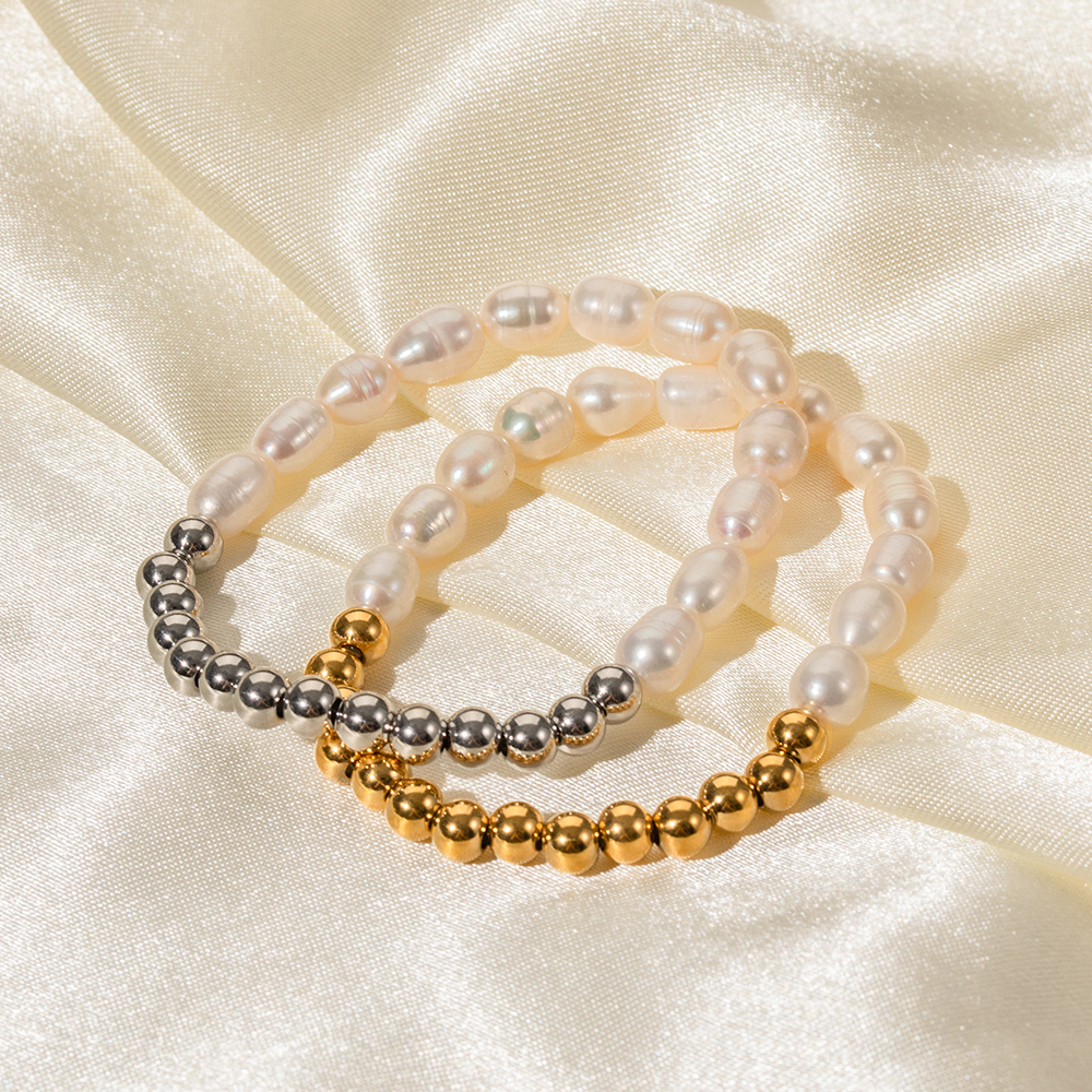 Streetwear Color Block Stainless Steel Freshwater Pearl Beaded Plating Bracelets display picture 5