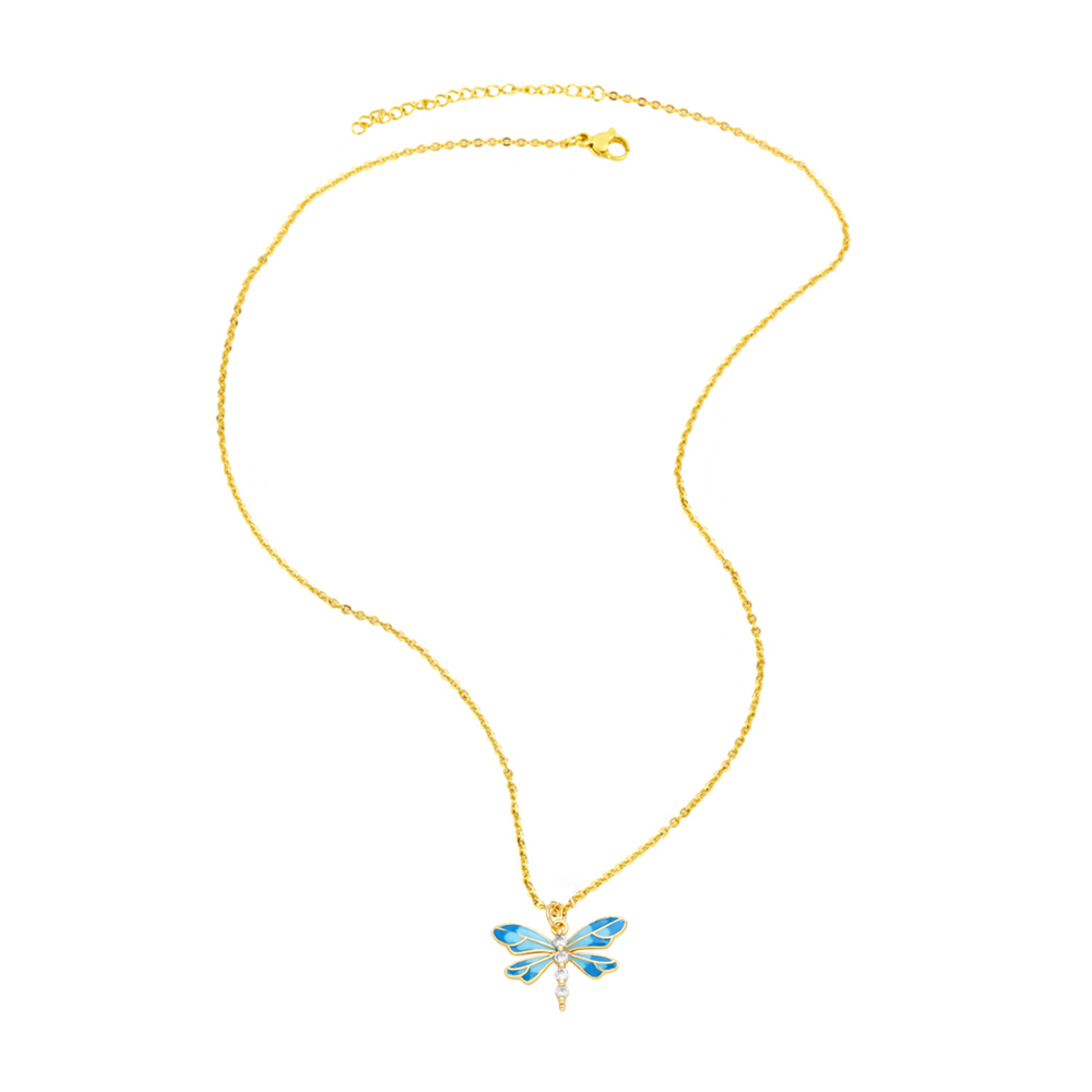 Cute Sweet Dragonfly Stainless Steel Copper Enamel Plating Zircon 18k Gold Plated Pendant Necklace display picture 6