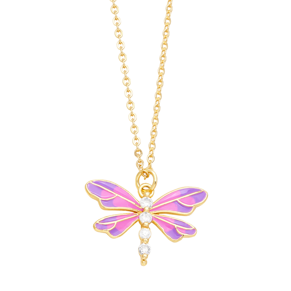 Cute Sweet Dragonfly Stainless Steel Copper Enamel Plating Zircon 18k Gold Plated Pendant Necklace display picture 5