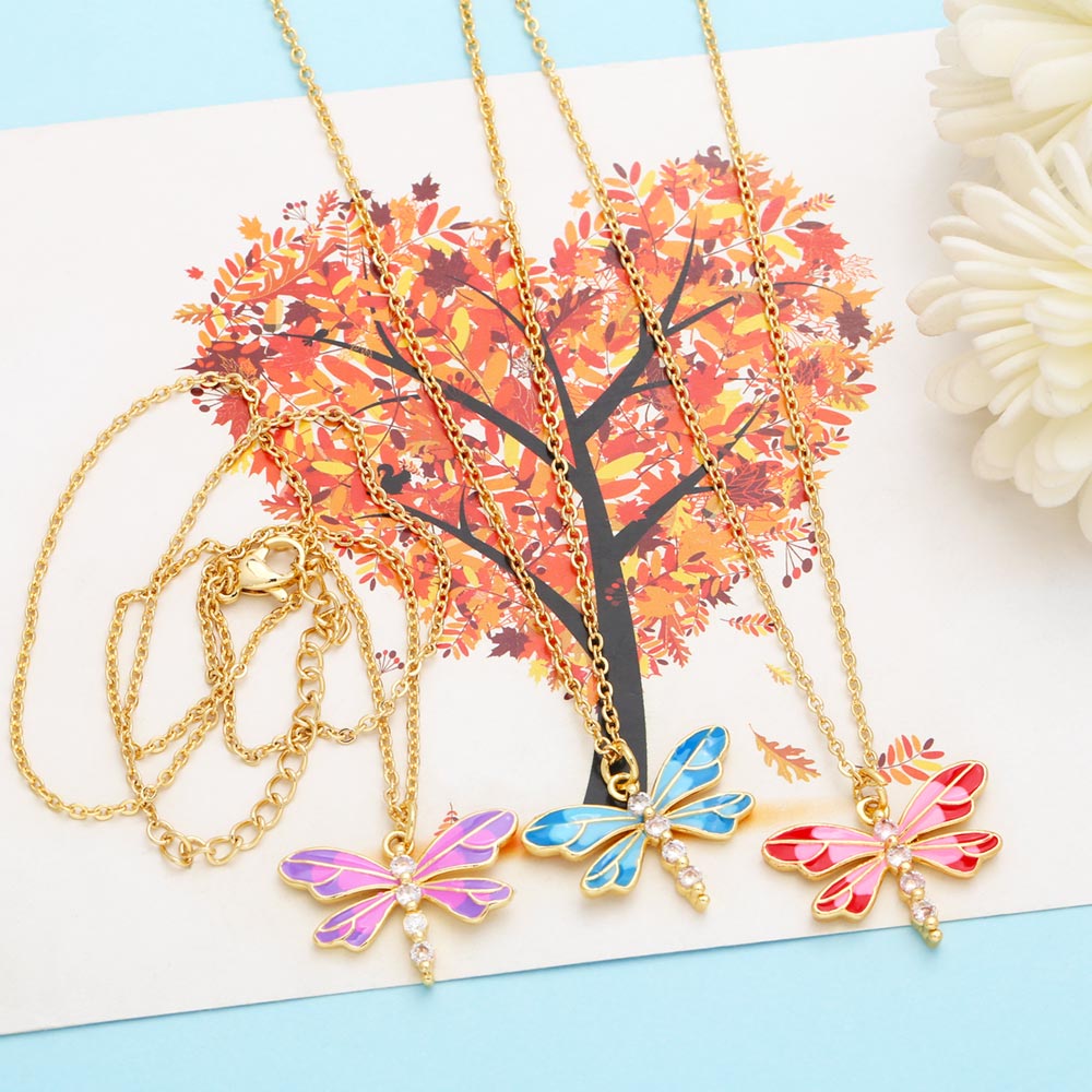 Cute Sweet Dragonfly Stainless Steel Copper Enamel Plating Zircon 18k Gold Plated Pendant Necklace display picture 7