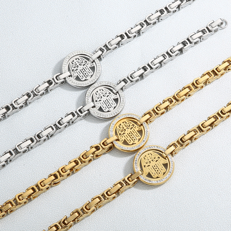 Acero Titanio Chapados en oro de 18k Elegante Enchapado Embutido Ronda Palma Diamante Artificial Pulsera Collar display picture 6