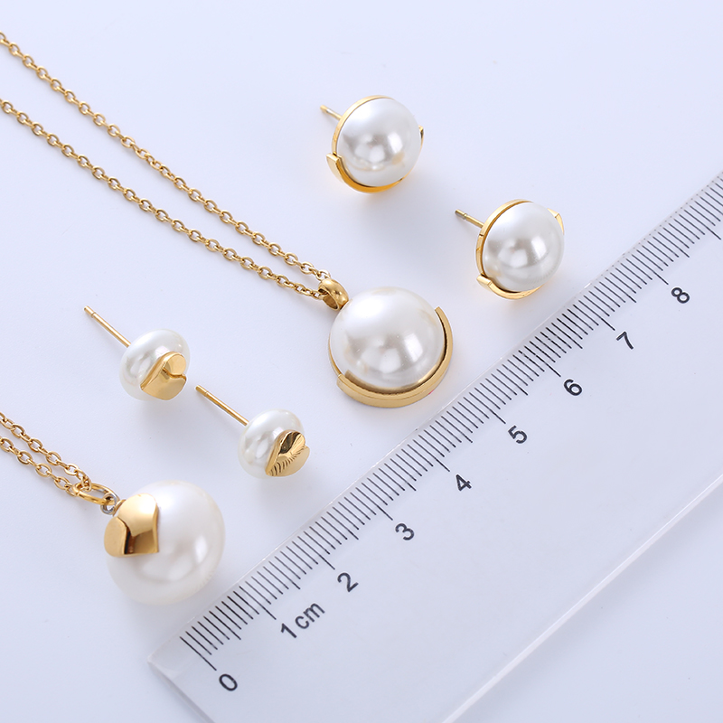 304 Stainless Steel 18K Gold Plated Elegant Lady Simple Style Plating Inlay Geometric Pearl Earrings Necklace display picture 8