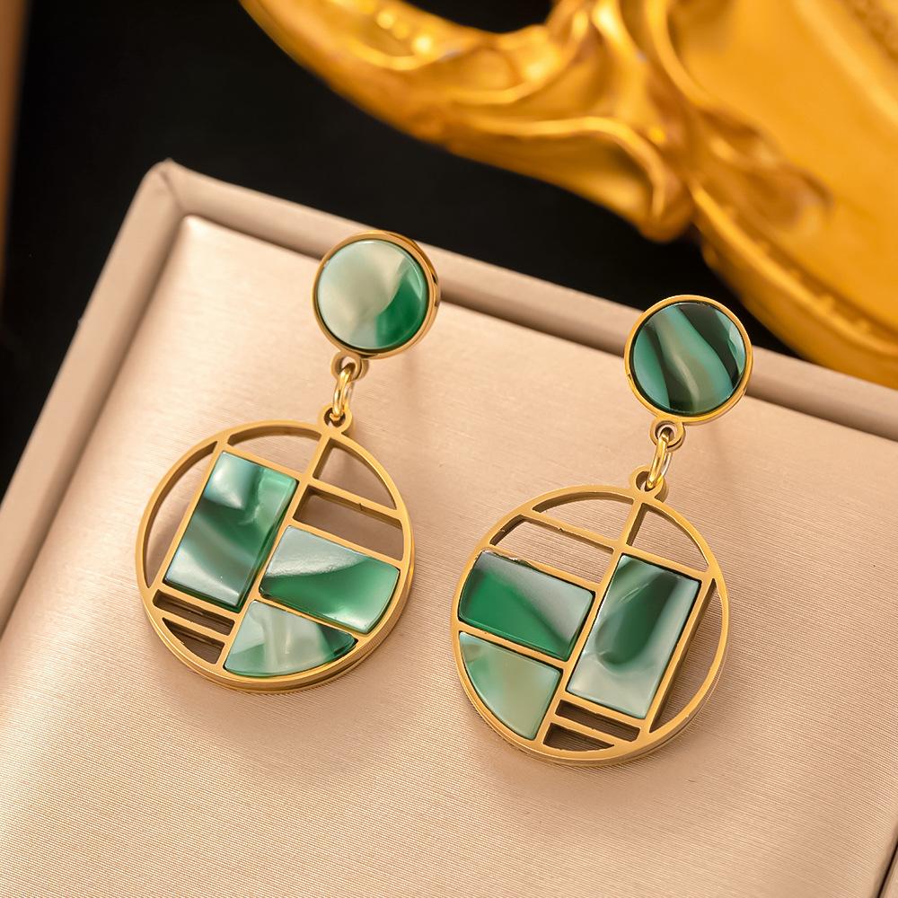 1 Pair Ethnic Style Geometric Plating Inlay 304 Stainless Steel Stone 18K Gold Plated Drop Earrings display picture 5