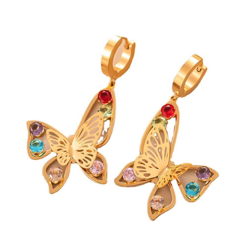 1 Paar IG-Stil Pentagramm Wassertropfen Schmetterling Inlay Edelstahl 304 Künstliche Strasssteine 18 Karat Vergoldet Ohrringe display picture 7