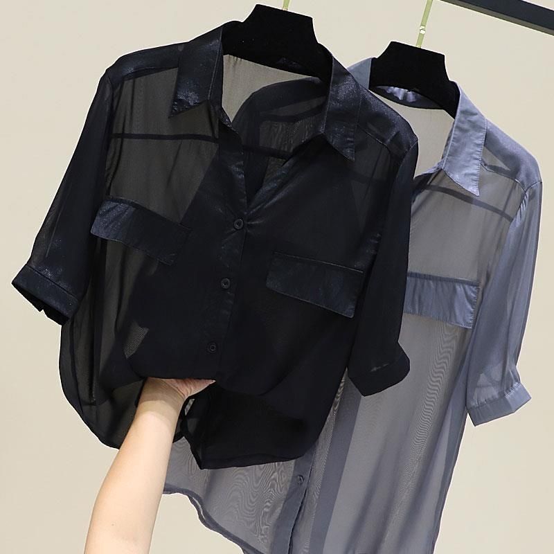 Women's Chiffon Shirt Short Sleeve Blouses Fake Pockets Front Button Casual Simple Style Simple Solid Color display picture 8