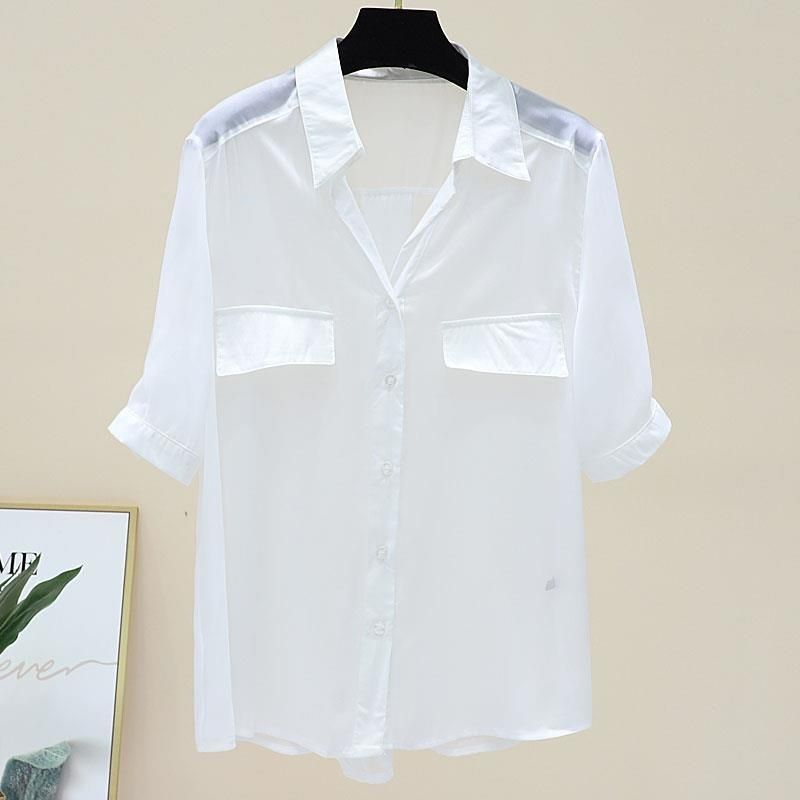 Women's Chiffon Shirt Short Sleeve Blouses Fake Pockets Front Button Casual Simple Style Simple Solid Color display picture 1