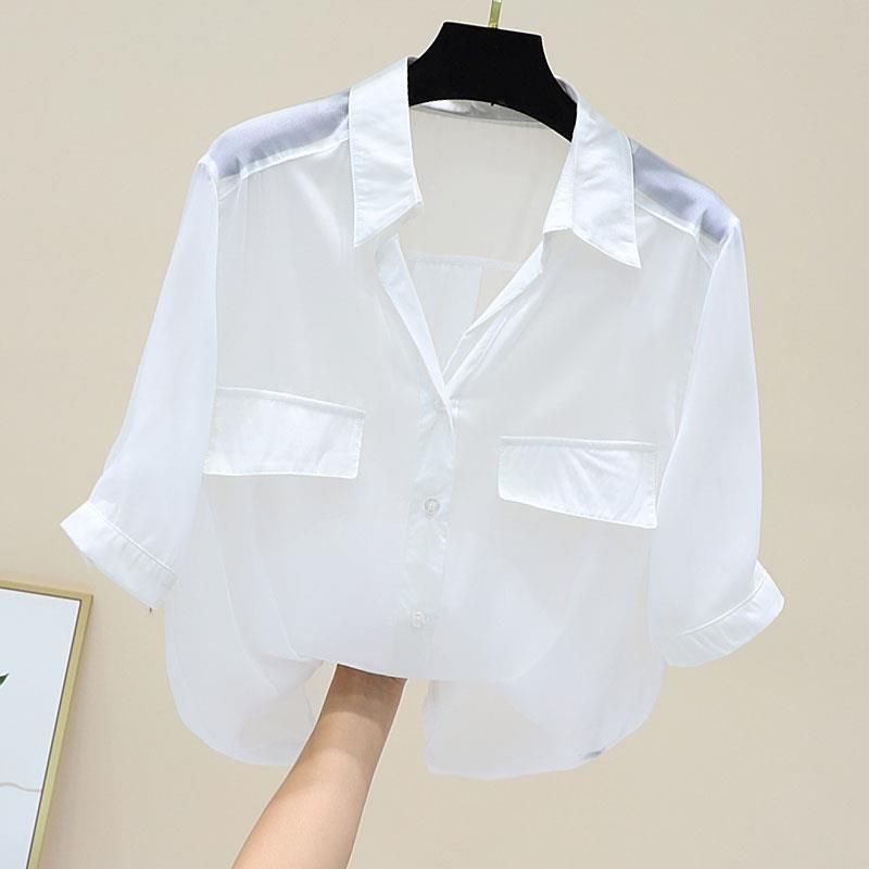 Women's Chiffon Shirt Short Sleeve Blouses Fake Pockets Front Button Casual Simple Style Simple Solid Color display picture 2