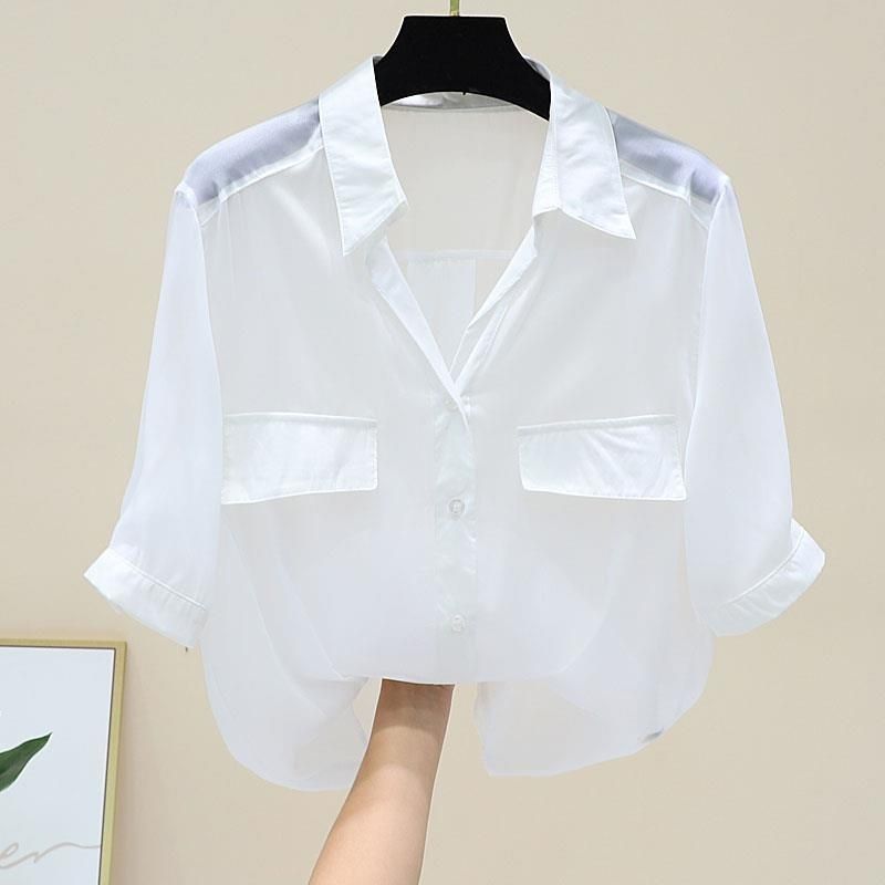 Mujeres Camisa De Gasa Manga Corta Blusas Bolsillos Falsos Botón Frontal Casual Estilo Simple Sencillo Color Sólido display picture 3