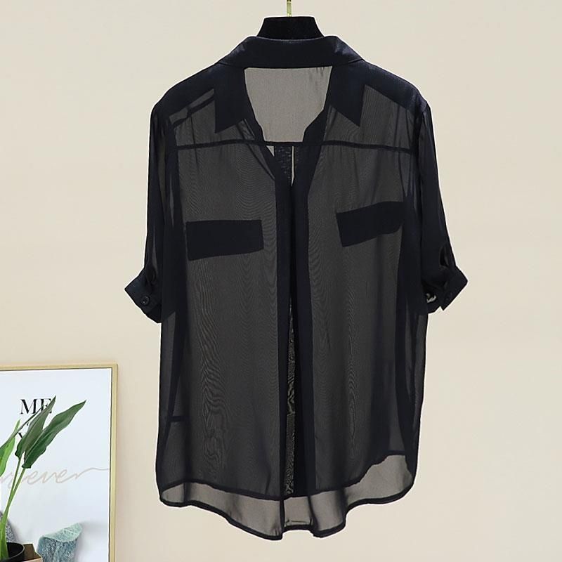 Women's Chiffon Shirt Short Sleeve Blouses Fake Pockets Front Button Casual Simple Style Simple Solid Color display picture 5