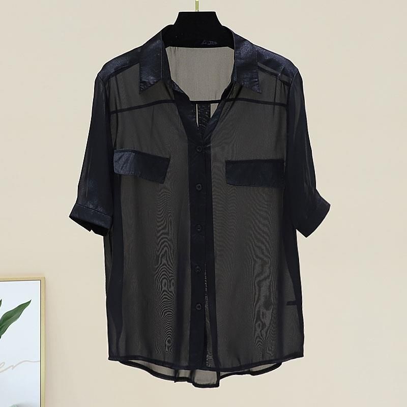 Mujeres Camisa De Gasa Manga Corta Blusas Bolsillos Falsos Botón Frontal Casual Estilo Simple Sencillo Color Sólido display picture 6