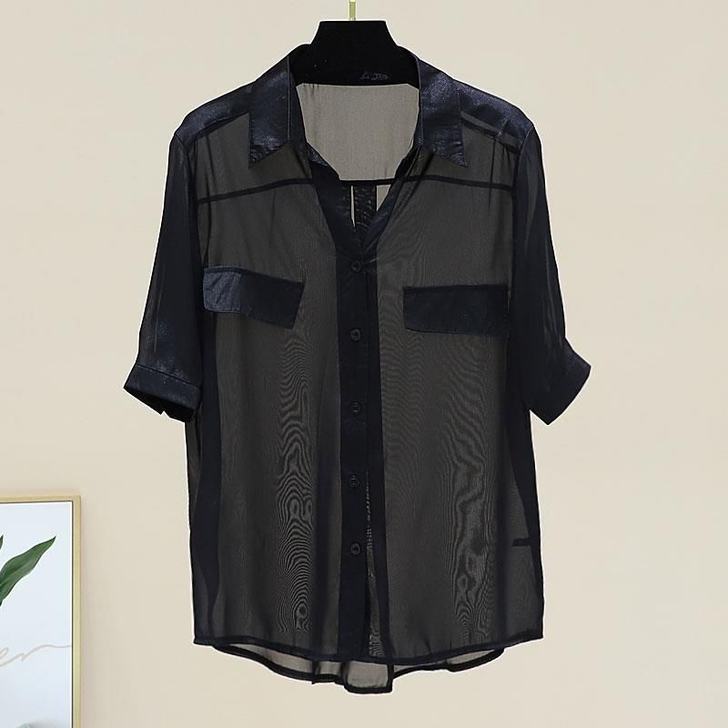 Women's Chiffon Shirt Short Sleeve Blouses Fake Pockets Front Button Casual Simple Style Simple Solid Color display picture 6