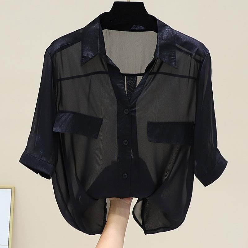 Women's Chiffon Shirt Short Sleeve Blouses Fake Pockets Front Button Casual Simple Style Simple Solid Color display picture 4