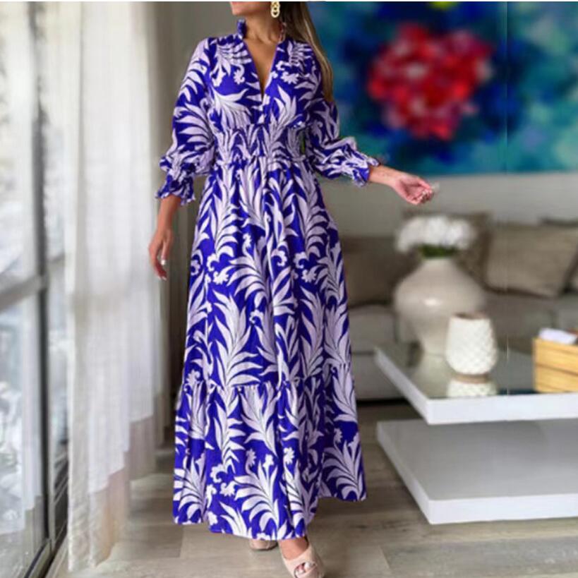 Women's Regular Dress Casual V Neck Printing Long Sleeve Leaf Maxi Long Dress Weekend Daily display picture 5