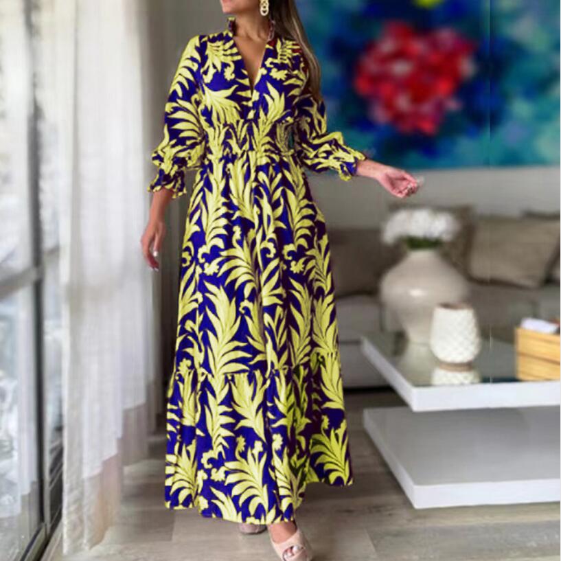 Women's Regular Dress Casual V Neck Printing Long Sleeve Leaf Maxi Long Dress Weekend Daily display picture 4