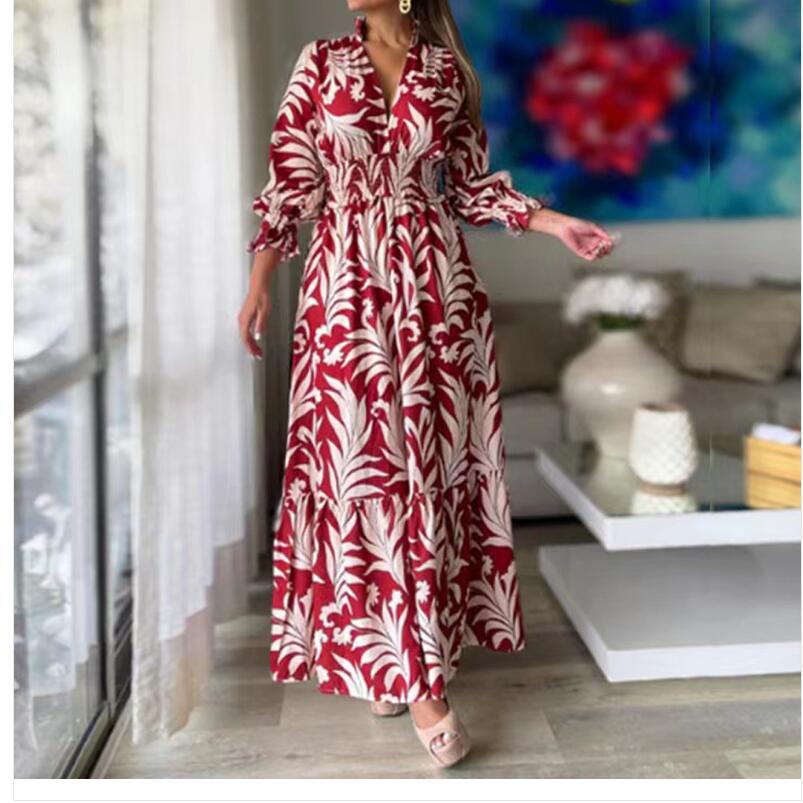 Women's Regular Dress Casual V Neck Printing Long Sleeve Leaf Maxi Long Dress Weekend Daily display picture 3