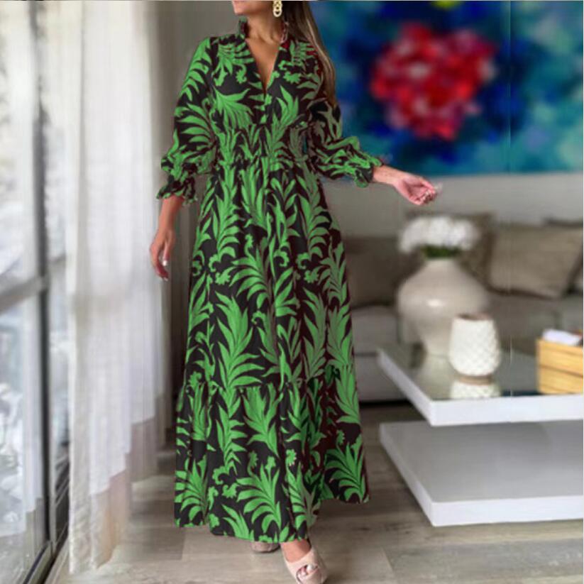 Women's Regular Dress Casual V Neck Printing Long Sleeve Leaf Maxi Long Dress Weekend Daily display picture 2