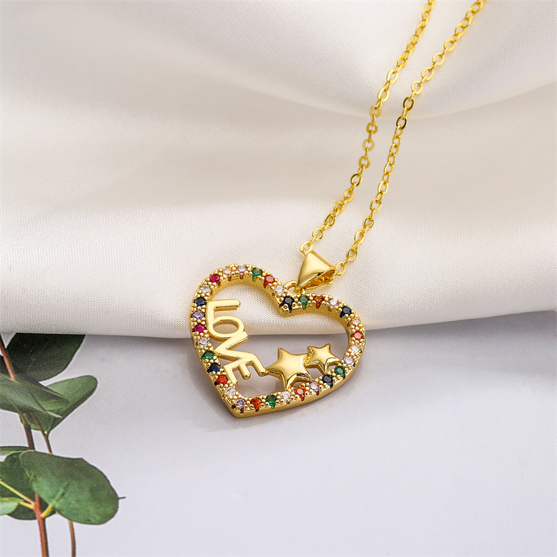 Streetwear Letter Heart Shape Copper Plating Inlay Zircon Gold Plated Pendant Necklace display picture 13