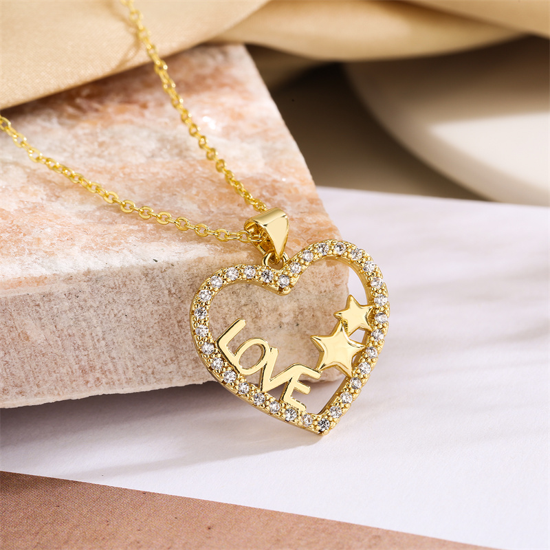 Streetwear Letter Heart Shape Copper Plating Inlay Zircon Gold Plated Pendant Necklace display picture 10