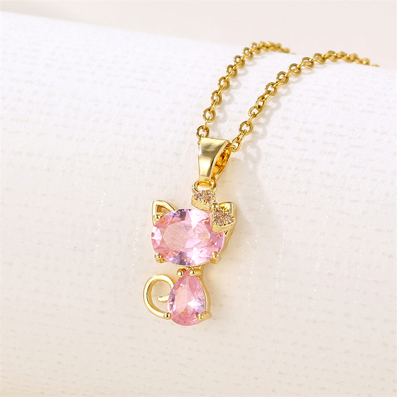 Stainless Steel 18K Gold Plated Sweet Plating Inlay Cat Artificial Diamond Pendant Necklace display picture 7